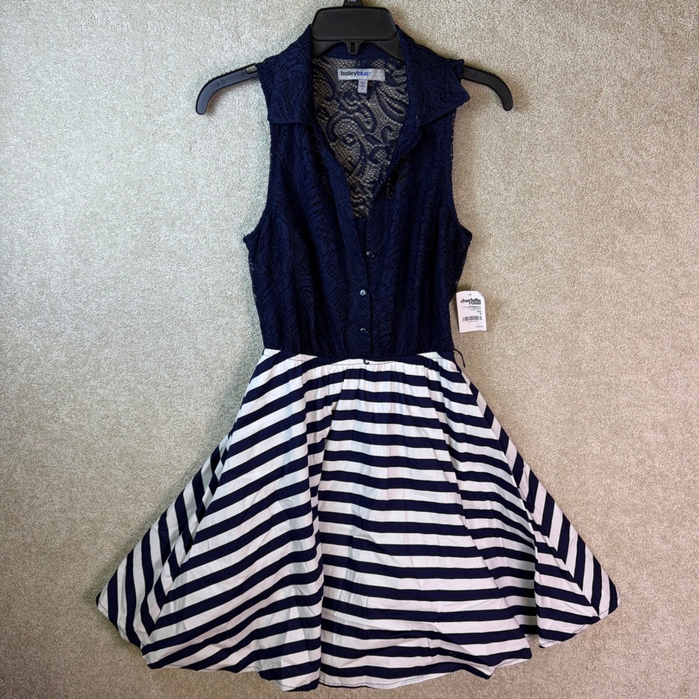 Bailey Blue Dress Womens Small Blue Lace Striped Fit & Flare Charlotte Russe NWT